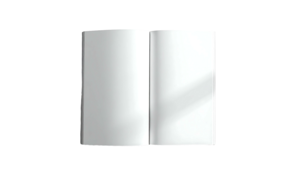 Open blank book, pages crisp white, subtle light and shadow play across the surface, suggesting a clean, minimalist aesthetic
