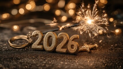 New Year's celebration with sparkling firework and golden 2026 numbers on a shiny surface