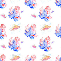 Seamless watercolor pattern with fish, coral and algae isolated on white background
