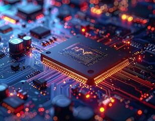 Close-up of a glowing circuit board with a central processor