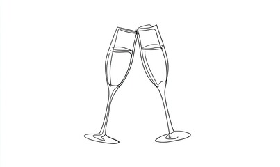 Two champagne flutes, a single line drawing,  toasting