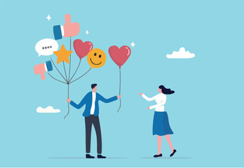 Customer feedback, review or service satisfaction, giving rating, opinion or review evaluation, user experience, ranking or quality rating concept, customer holding feedback balloons giving heart