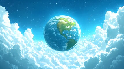 Naklejka premium Bright blue planet earth floating in clouds with starry night sky in the background