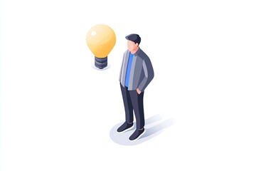 Man standing, lightbulb above, isometric view
