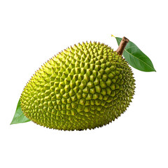 A young, pale green jackfruit, ovate with a textured, spiky rind, rests on a dark background, accompanied by two vibrant green leaves attached to its stem