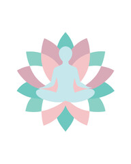 Obraz premium Silhouette of a person meditating in a lotus position on a stylized lotus flower