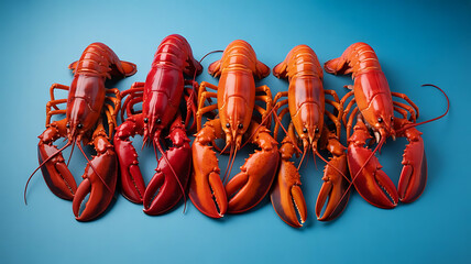 A top-down view of five bright red cooked lobsters arranged in a row against a light blue background, highlighted by sharp shadows and high contrast studio lighting, featuring a minimalistic compositi