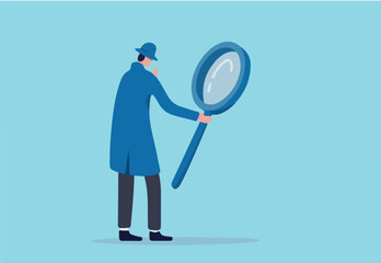 Search, discover, analyze report or specialist investigate and research for insight information concept, curiosity guy detective holding huge magnifying glass and thinking about evidence and result