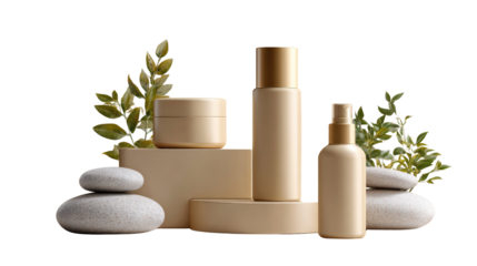 Spa Day Essentials: An artistic array of beauty products, composed of creams, and sprays, resting on a serene backdrop of stacked stones and soft foliage.