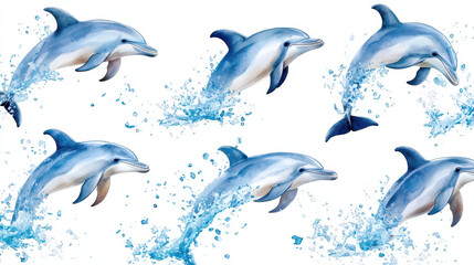 Fototapeta premium Playful watercolor illustration of dolphins jumping through splashes of water, showcasing their grace and beauty in vibrant aquatic scene