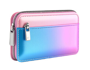 A small, zippered pouch with a pastel pink and blue ombre design.  The leather-like material has a subtle sheen, and the zipper pulls are metallic silver