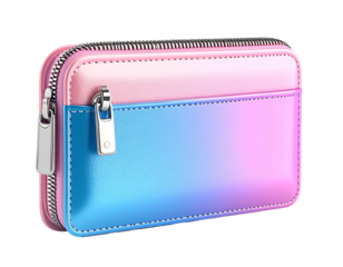 A small, zippered pouch with a pastel pink and blue ombre design.  The leather-like material has a subtle sheen, and the zipper pulls are metallic silver