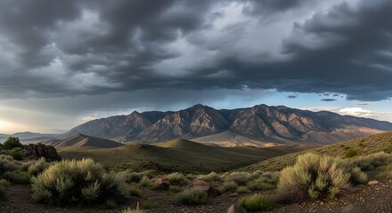 Dramatic Desert Mountain Landscape with Stormy Sky.