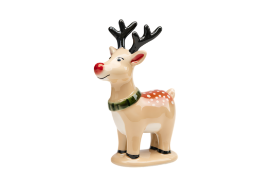 Adorable Ceramic Reindeer Figurine: A Festive Christmas Decoration for Your Home or Office Isolated on transparent background, cutout