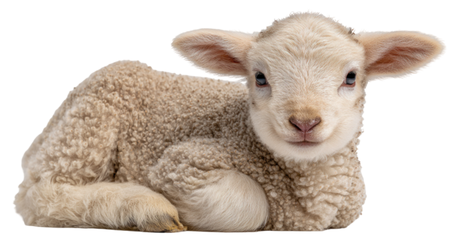 Cute lamb, light beige fleece, lying down