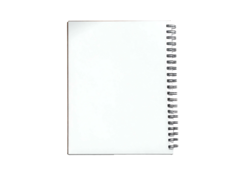 A blank, white spiral-bound notebook sits against a black background; the paper is smooth and unlined