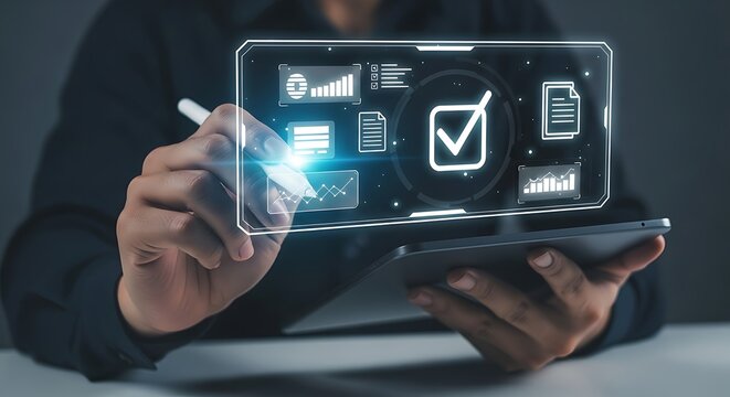 Man using tablet with stylus on digital display showcasing graphs documents and checkmark indicating completed workflow