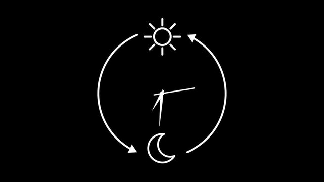 Loop animation with sun and moon cycle showing circadian rhythms. Alpha channel, clock arrows, day and night transition, biological rhythm concept for health, sleep, energy and balance design.