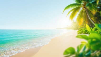 Fototapeta premium Idyllic tropical beach with turquoise water, white sand, and lush palm trees under a bright sun, creating a serene and inviting vacation destination