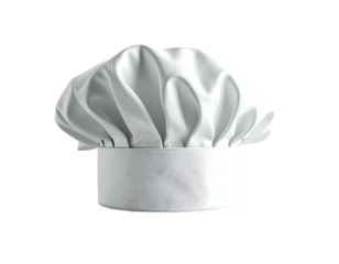 A pristine white chef's toque, tall and round, with a slightly pleated crown and a flat, solid band at the base, isolated on a black background