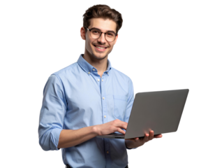 Firefly_Young man with a laptop smiles while holding it in one hand. Isolated on a transparen