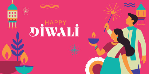 Happy Diwali festival of lights colorful minimal poster template design with decorative diya lamp. vector illustration. Indian festival of lights Happy Diwali, holiday Background in flat style.