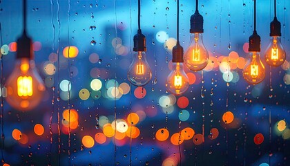 Warm light bulbs hang through rain-streaked window, city lights blurred behind