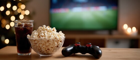 Enjoying a cozy gaming night at home with snacks and drinks in front of the television during the holidays