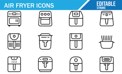 Convection Fryer Icons – Drawer, Basket, Digital Panel – Vector
