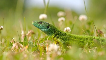 Naklejka premium Vivid green lizard in grassy field