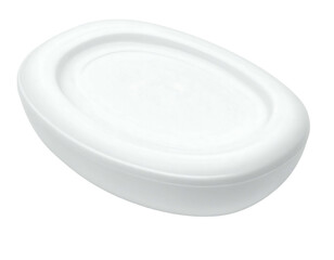 Oval-shaped, off-white bar soap, slightly curved, with a recessed, circular top.  Smooth, matte finish;  suggests a luxurious, minimalist design