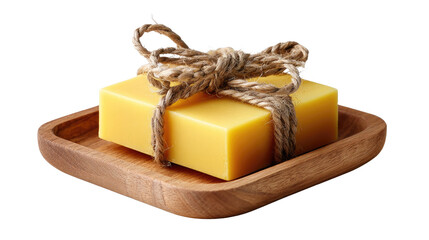 Artisan Soap Bar with Natural Elements: A beautifully crafted soap bar rests on a small wooden tray, adorned with a rustic twine bow, signifying handcrafted purity and natural ingredients. 