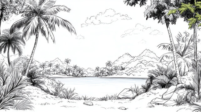 Serene landscape featuring palm trees, lush vegetation, and tranquil lake surrounded by mountains. scene evokes sense of calm and natural beauty