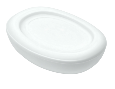 Oval-shaped, off-white bar soap, slightly curved, with a recessed, circular top.  Smooth, matte finish;  suggests a luxurious, minimalist design