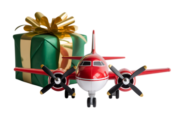 A vibrant red model airplane, a delightful gift symbolizing travel and adventure, sits proudly beside a beautifully wrapped present, ready for a joyous occasion.