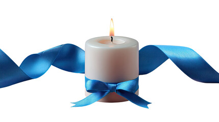 Candle of Remembrance: A serene, softly lit candle, adorned with a delicate blue ribbon, flickers gently. conveying an atmosphere of comfort and reflection.