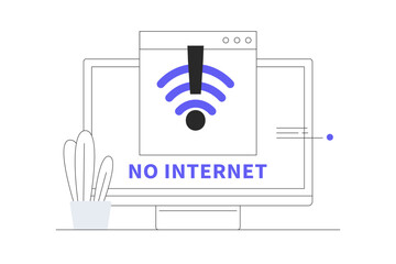 A computer with no internet connection. No internet connection. Wireless connectivity disconnect, error connection wifi. Bad signal wifi wireless web page on screen. Flat Cartoon Vector Illustration