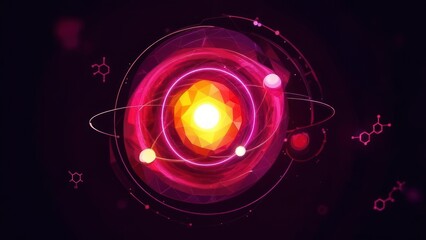 Vibrant atomic structure with glowing nucleus and orbiting electrons, symbolizing scientific discovery and modern research