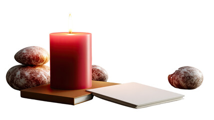 Candle Lit and Stone: A crimson candle burns brightly, casting a warm glow. The image features a candle and a set of balanced stones arranged near the candle.