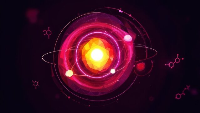 Vibrant atomic structure with glowing nucleus and orbiting electrons, symbolizing scientific discovery and modern research