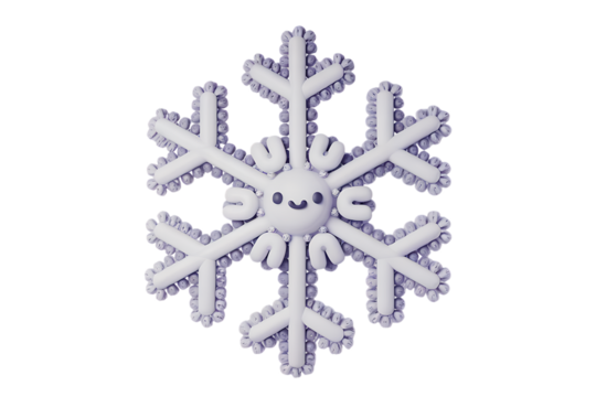 Delightful 3D Render of a Charming, Smiling Snowflake Decoration Perfect for Winter Festivities and Holiday Cheer Isolated on transparent background, cutout	