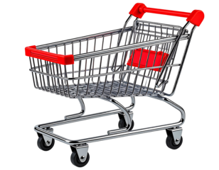 A miniature chrome shopping cart with red plastic handles and base, angled slightly to the right, sitting on a transparent background