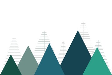 Minimal geometric landscape with abstract mountains and pine tree shapes in green and blue tones, modern background for posters, presentations, and web design.