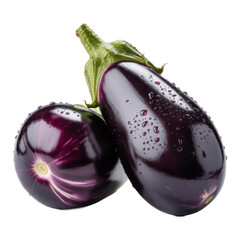 Two glossy dark purple eggplants with water droplets glistening on their smooth skin isolated on transparent background