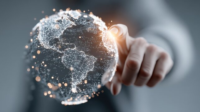 A hand interacts with a glowing digital globe made of networked points and lines, symbolizing global connectivity and technology.