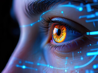Closeup of a human eye with digital overlay, representing advanced technology, artificial intelligence, and the future of vision