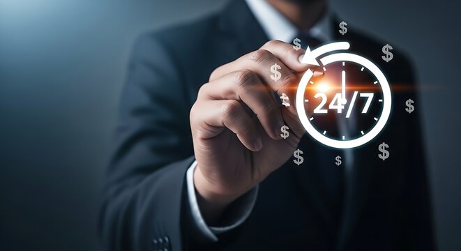 Timeless Service Business professional illustrating around the clock availability with financial success and constant