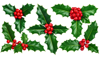  Decorative Holly Branches with Berries, Winter and Holiday Ornament, Transparent PNG