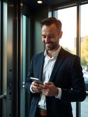 smiling businessman hands typing smartphone amidst sleek glass elevator interior illuminated soft natural light