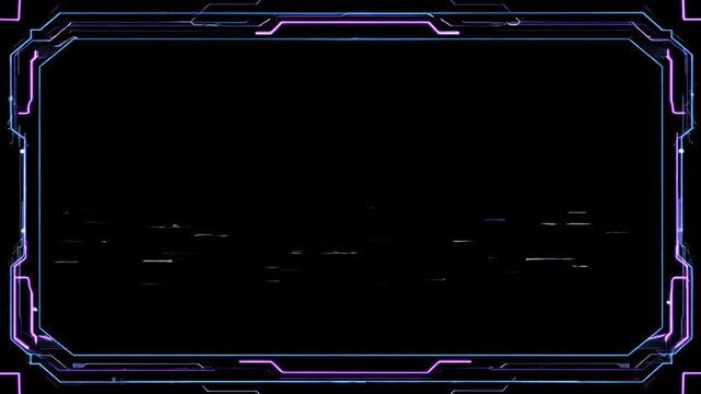 Glowing cyan and violet border frame with tech elements on a black background